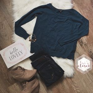 Blue Crotchet Lace Back Crew Sweater